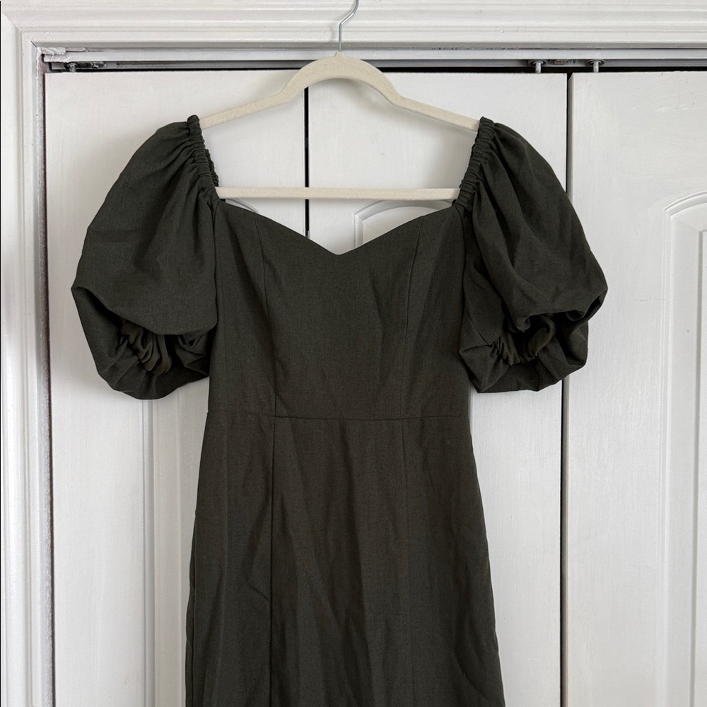 Francesca's Collections Olive Puff Sleeve Midi Dress